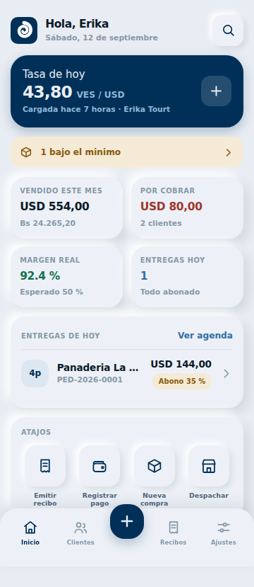 Pantalla de inicio de Punto en un teléfono: tasa del día, vendido del mes, por cobrar y margen real.